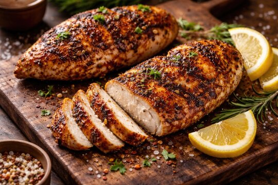 Flavorful grilled chicken breast with spice rub and fresh lemon on cutting board