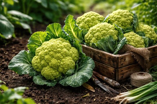 Harvested green cauliflower in garden setting