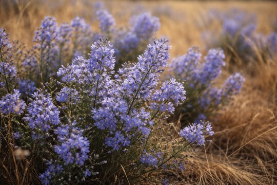 Dense clusters of small blue toadflax flowers in dry fields