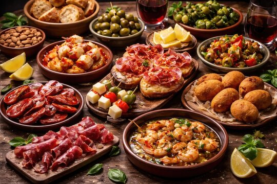 Selection of authentic Spanish finger foods for appetizers