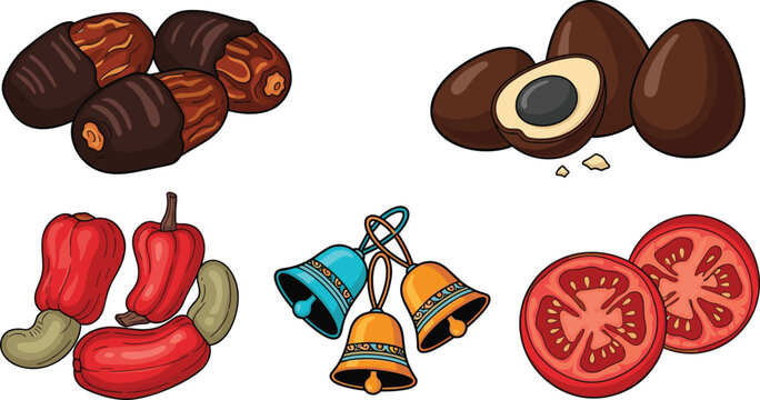 Food and objects set with dates, sapodilla, cashew fruit, tomato slices and decorative bells in colorful detailed style for packaging and illustration