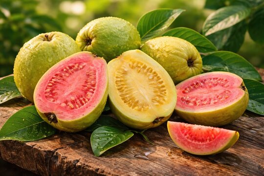 Sweet tart apple guava fruits of Psidium guajava with colorful inner flesh on natural background