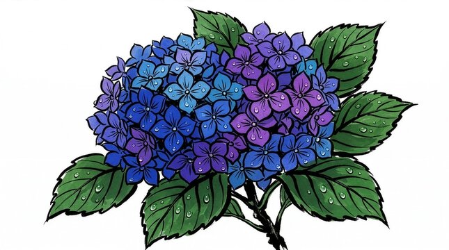 Illustration of blue and purple hydrangea flowers with green leaves and water drops