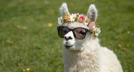 Fototapeta premium Pet llama enjoying green grass lawn in summer day wearing fashionable glasses and flower wreath
