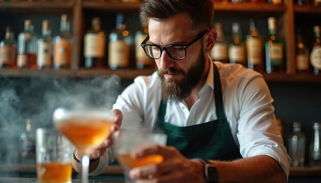 Man with beard and glasses making cocktail. Bartender pours drink creating mist in bar. Bottles on shelves behind him. He works in a rustic bar.