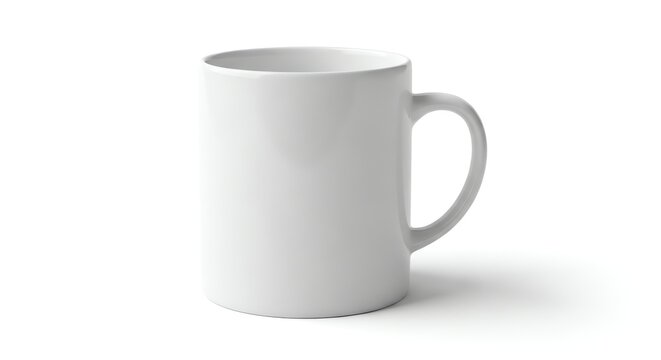Plain White Ceramic Coffee Mug with Handle on White Background.