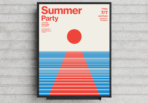 Summer Party Poster Template with Abstract Bauhaus Ocean Sunset View