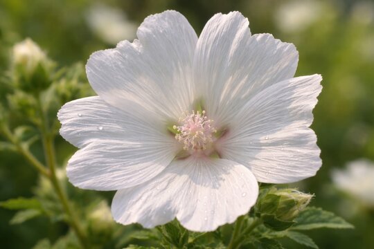 Macro close-up of white musk mallow flower blooming in daylight