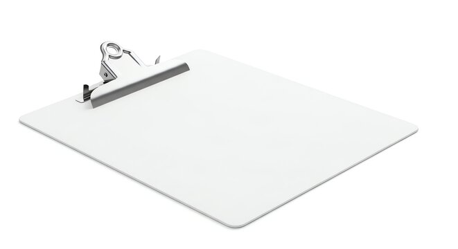 Blank white clipboard with metal clip on a plain background.