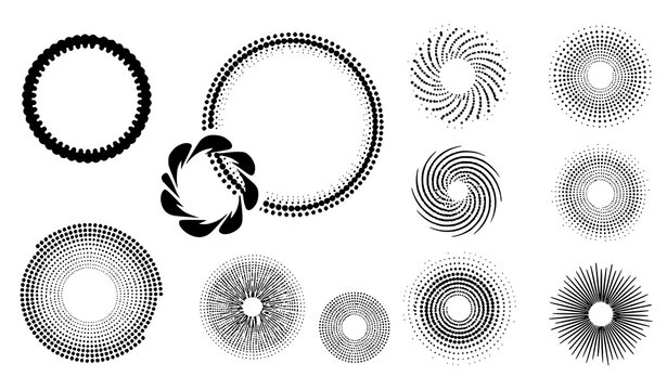 Trendy halftone circular dotted frame bundle with spray textures and spiral logo elements