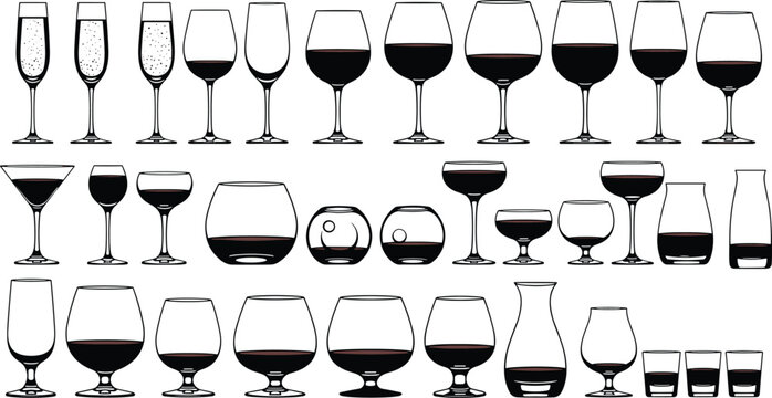 Silhouettes of diverse drinking glasses filled with liquid, black vector illustration, beverage container shapes, barware design elements