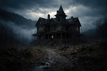Obraz premium Abandoned spooky house standing on rugged terrain background
