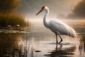 Fototapeta premium Serene scene of a crane wading through shallow water
