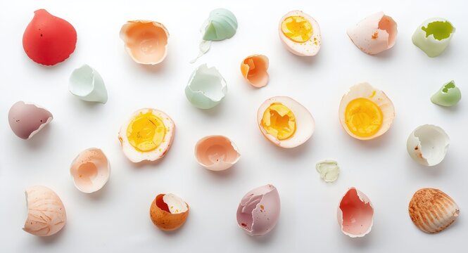 Set of colored cracked eggshell pieces in various sizes on white background for gastronomy and design concepts