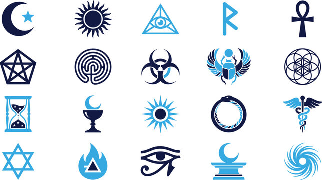 Various mystical spiritual religious symbols and esoteric signs in flat design.