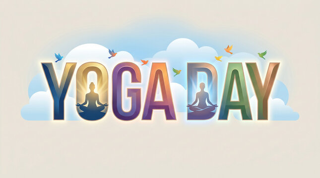 Yoga meditation typography with colorful gradient letters and calm human silhouettes in clouds background for wellness banner mindfulness campaign and spiritual lifestyle design