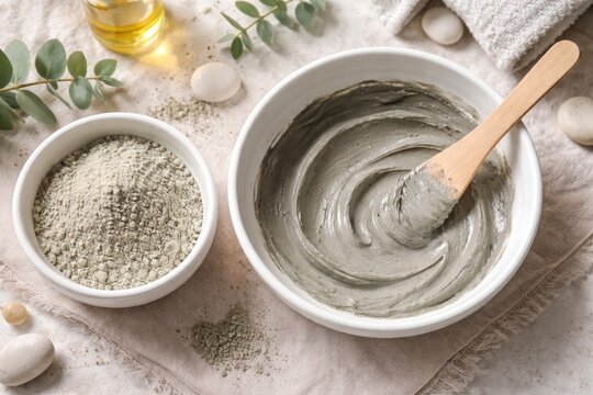 Close-up top view of bentonite clay mask ingredients in white bowl natural spa copy space