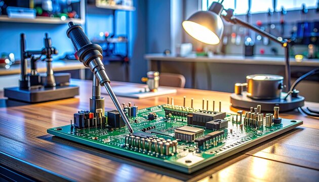 Close‑up of electronics workbench with soldering iron, breadboard circuit, and tools, symbolizing prototyping, experimentation, and technical precision.