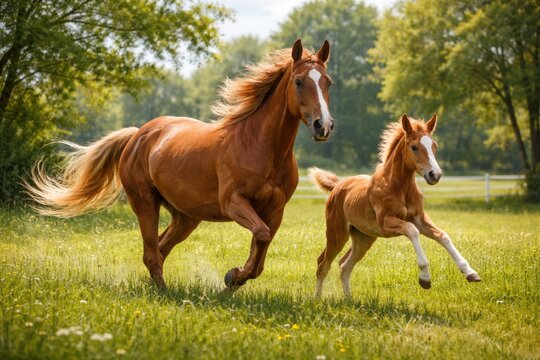 Joyful mare and playful foal running in lush green pasture on a bright summer day