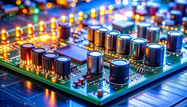 Close‑up of illuminated breadboard with glowing LEDs, capacitors, and resistors, symbolizing electronics prototyping, experimentation, and active circuit design.