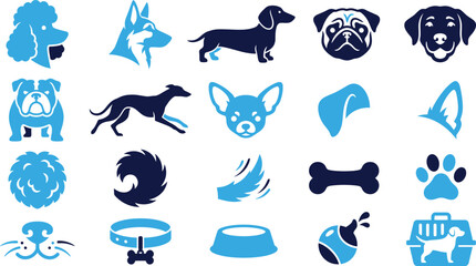 Collection of dog breed icons and related objects in modern flat style. © RaziaAkter