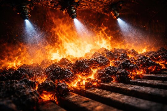 Close up of glowing fire and slag on boiler grate with nitrogen reduction urea injection