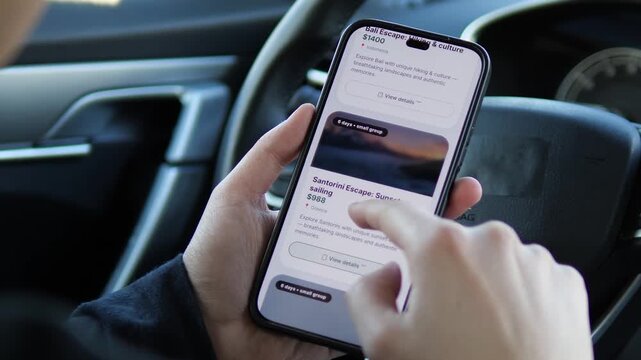 Plan your dream vacation on the go. High-quality footage of a person booking luxury tours to Bali and Santorini via a mobile app. Perfect for e-commerce, travel agencies, and digital lifestyle brands
