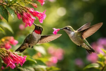 Obraz premium Two hummingbirds captured mid flight feeding from bright ping flowers in a natural setting