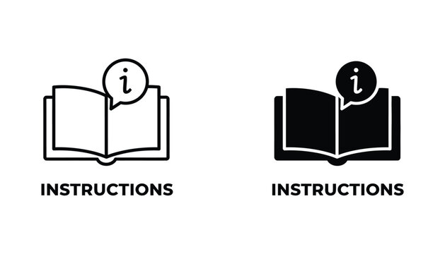 Instruction manual icon set with open book and information speech bubble symbol for user guide and help documentation interface design