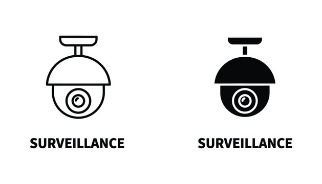 Security surveillance camera icon set depicting dome monitoring system for safety monitoring and private property protection in outline and solid black graphic styles for web and mobile applications