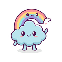 Naklejka premium Cute cartoon rainbow and cloud waving hello with happy face and rosy cheeks, illustration