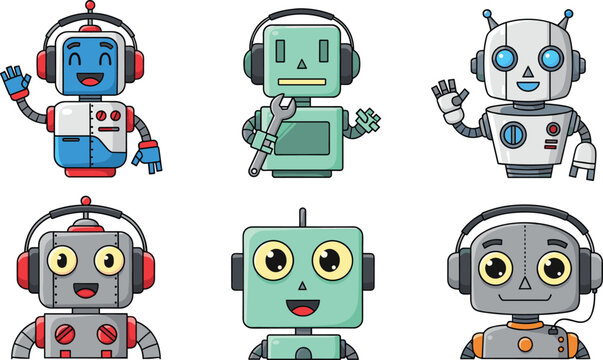 Cute Cartoon Robot Character Set with Colorful Friendly AI Bots and Headphones for Kids, Stickers, Games, and Technology Designs
