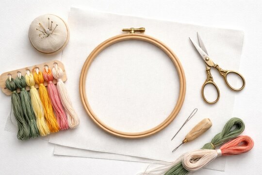 Minimalistic flat lay of cross stitch tools on white Aida fabric with wooden hoop and scissors