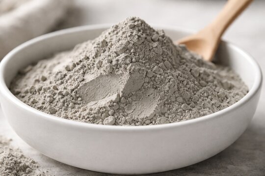 Macro view of gray bentonite clay in a minimalist white container for natural DIY body and facial wraps
