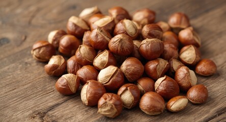 Obraz premium Tight crop of peeled hazelnuts on a natural timber surface