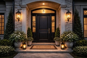 Fototapeta premium Luxury house entrance featuring a black door, welcome mat, and overhead lighting