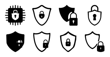 Fototapeta premium Diverse set of security icons showcasing shields and lock symbols for protection