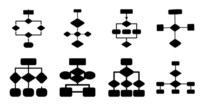 Illustration of eight different flowchart diagram styles, black and white diagram elements