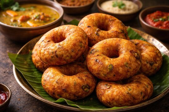 Delicious traditional deep fried sambar vada in doughnut shape for breakfast snack
