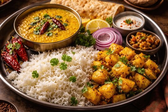 Traditional Indian meal platter with yellow dal, fluffy rice, and seasoned potato stir fry