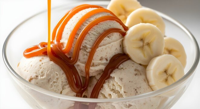 Gourmet Banana Pudding Ice Cream with Caramel Drizzle and Fresh Slices,Banana Pudding lovers month