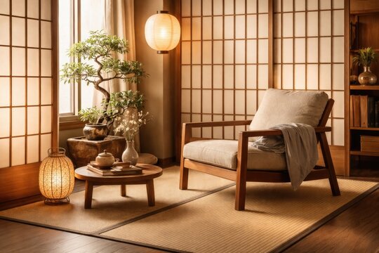 Cozy corner with Japanese wooden armchair and room divider over tatami mats