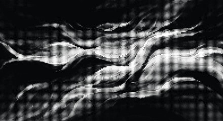 Abstract flowing lines and shapes in halftone style, smoke or fire like texture on black background, digital art. © Ontora