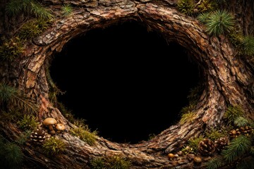 Fototapeta premium Rustic forest pine bark frame shaped as a natural composition with black hole and copy space