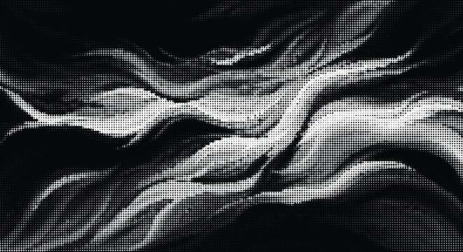 Abstract flowing lines and shapes in halftone style, smoke or fire like texture on black background, digital art.