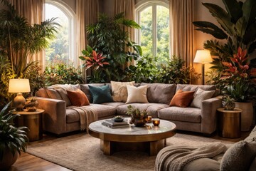 Obraz premium Sophisticated room design showcasing plush sofa and vibrant indoor plants