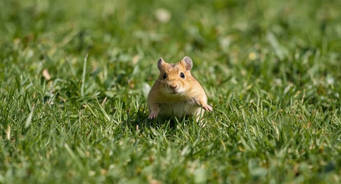 Delighted hamster scampering on full length vibrant lawn in summer daylight