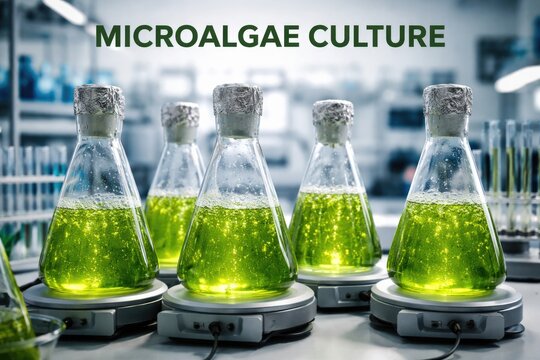 Microalgae culture in nutrient enriched seawater bottles in lab setting with copyspace for text
