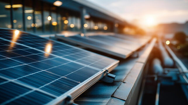 Close up of a bright aerial view of blue photovoltaic solar panels covering an industrial building roof surface the panels showing uniform grid and the roof edge showing the