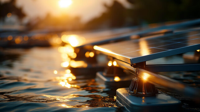 Close up of a bright aerial view of a solar power plant built on water at sunset the panels showing floating pontoon mounting systems and the water reflecting golden sunset
